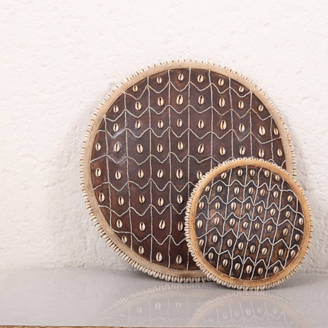 Wooden Natural Cameroon Shield with Cowrie Shells | Beaded Triangle Design