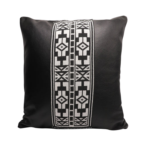 Beaded Leather Pillow Cover | Black Square Design 2