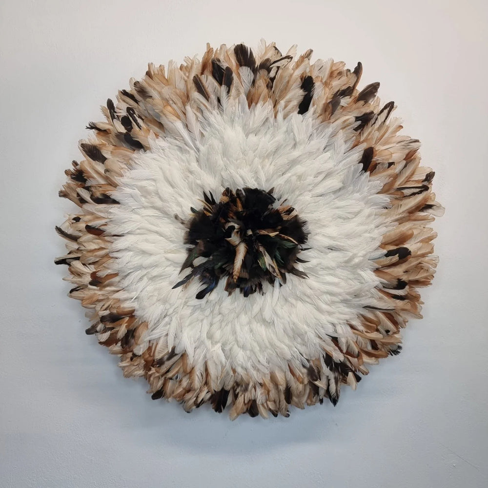 Juju Hat White with Dark Brown Center & Speckled Brown Edge (Bamileke Headdress)