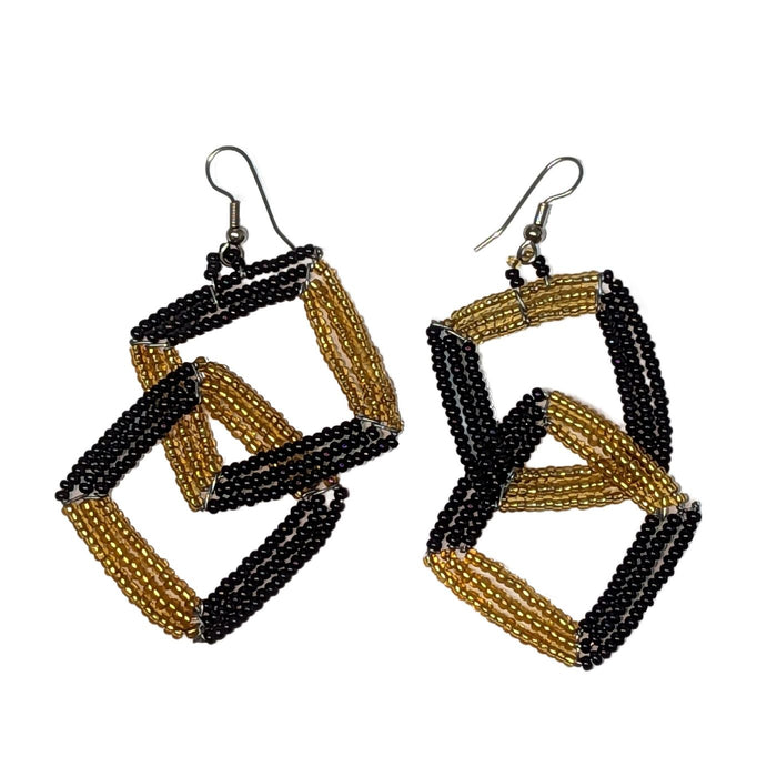 Maasai Beaded Square Two Tier Earrings  - Black & Gold