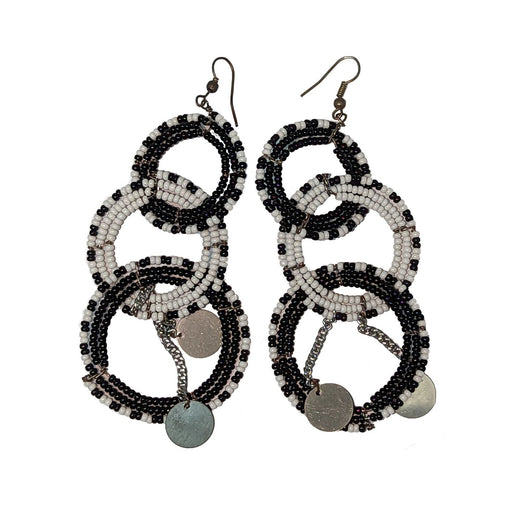 Maasai Beaded Round Three Tier Earrings - White & Black