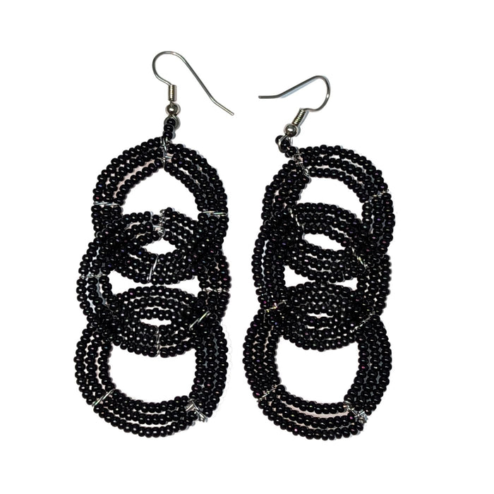 Maasai Beaded Round Three Tier Earrings - Black