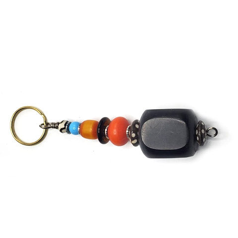 Key Chain Rectangle | Black Synthetic Amber & Assorted Beads