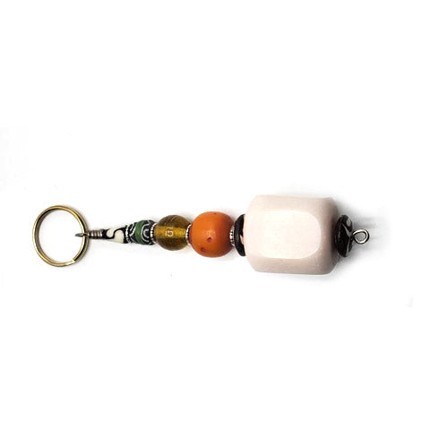Key Chain Rectangle | White Synthetic Amber & Assorted Beads