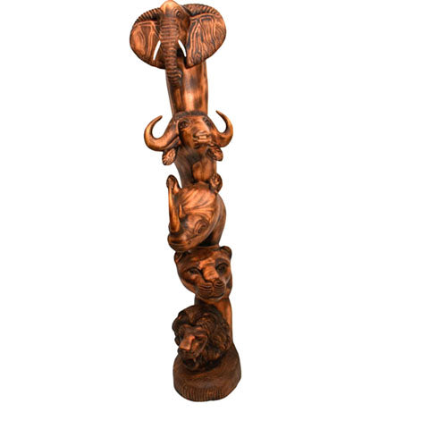 A totem style piece featuring Africa's "big five" the lion (base), the cheetah (second from bottom), the rhino (middle), the buffalo (second from top), and the elephant (top). 