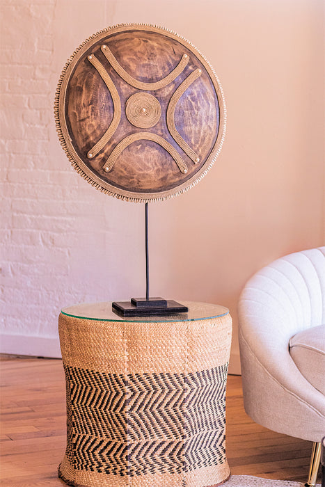 Wooden Natural Cameroon Shield on stand | Manilla Cross Design with Cowrie Edge