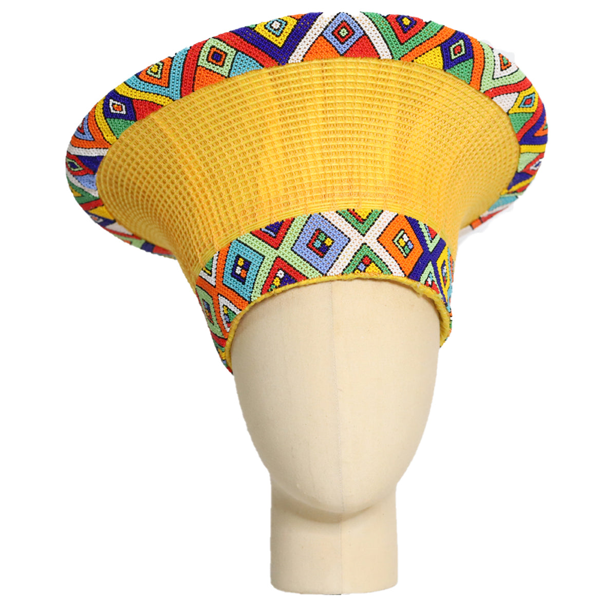 Zulu Wide Basket Hat Yellow with Beaded Bands Handmade in South Af