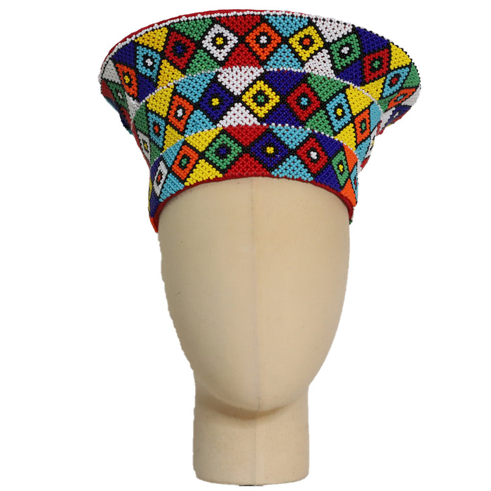 Zulu Beaded Basket Hat - Multicolored Checkered Triangle Pattern | Made in South Africa