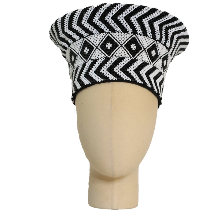 Zulu Beaded Basket Hat - Black and White Zig Zag Pattern | Made in South Africa