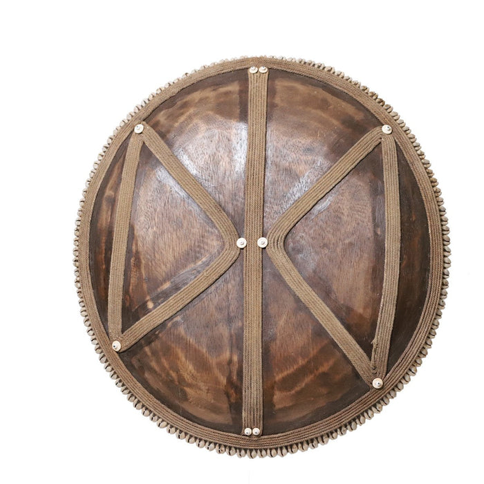 Wooden Natural Cameroon Shield on stand | Manilla Geometric Design with Cowrie Edge