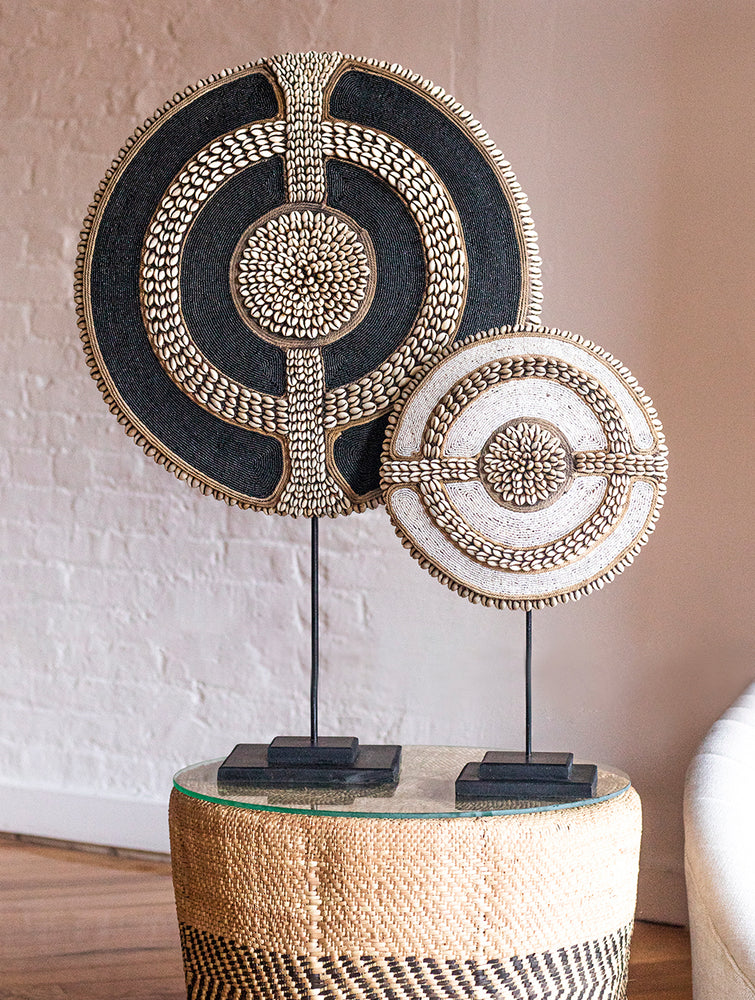 Beaded Cameroon Shield with Cowrie Shells Black on stand | Hand carved in Cameroon