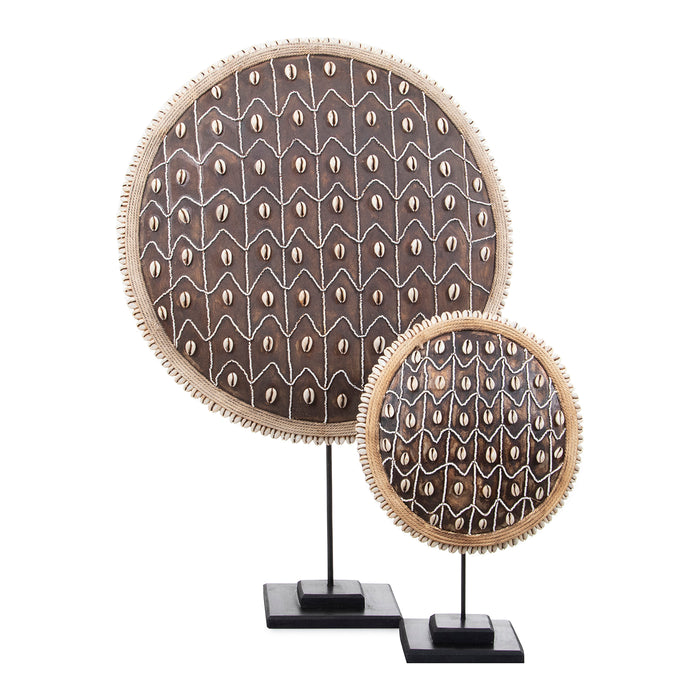 Wooden Natural Cameroon Shield with Cowrie Shells on Stand | Beaded Triangle Design