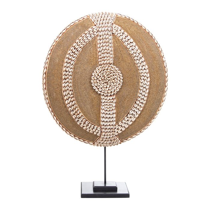 Beaded Cameroon Shield with Cowrie Shells Gold on stand | Hand carved in Cameroon