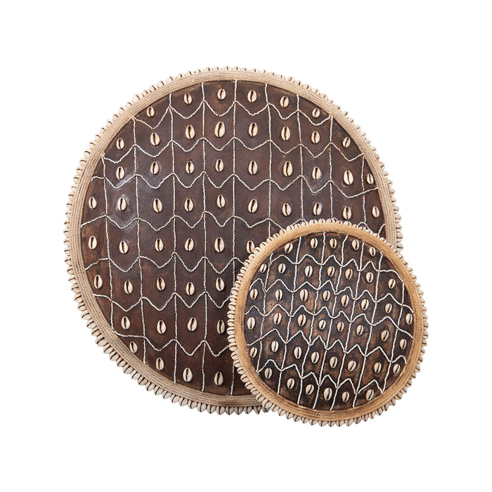 Wooden Natural Cameroon Shield with Cowrie Shells on Stand | Beaded Triangle Design
