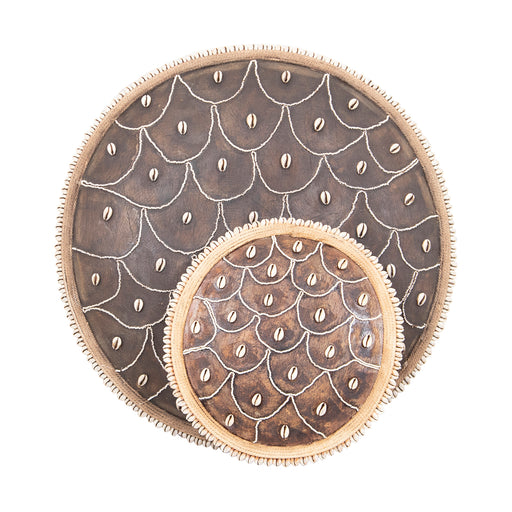 Wooden Natural Cameroon Shield with Cowrie Shells | Beaded Umbrella Design