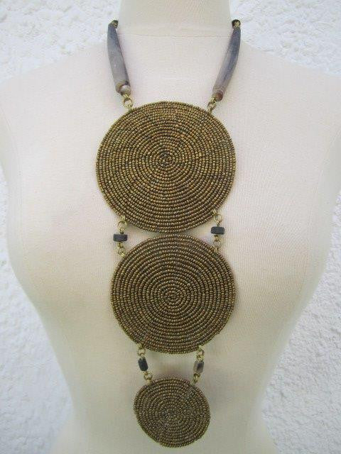 Triple Disc Necklace with Horn Metallic Gold