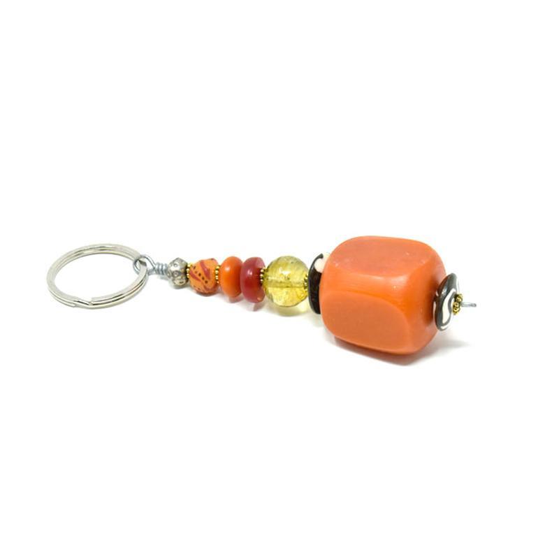 Key Chain Rectangle | Orange Synthetic Amber & Assorted Beads