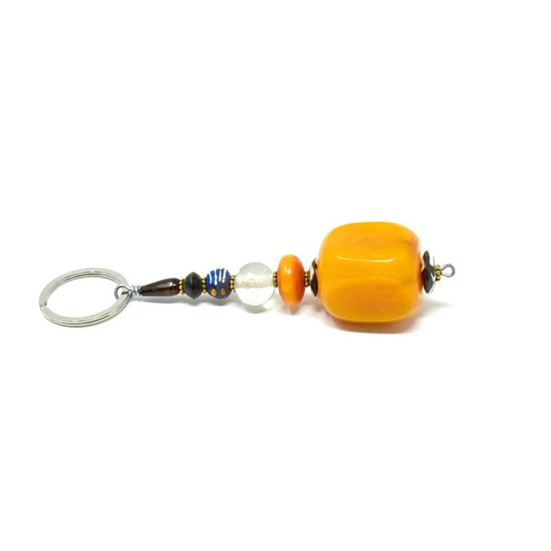 Key Chain Rectangle | Yellow Synthetic Amber & Assorted Beads