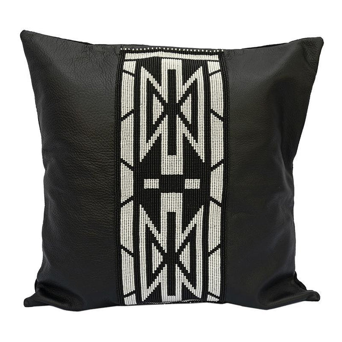 Beaded Leather Pillow Cover | Black Square Design 1