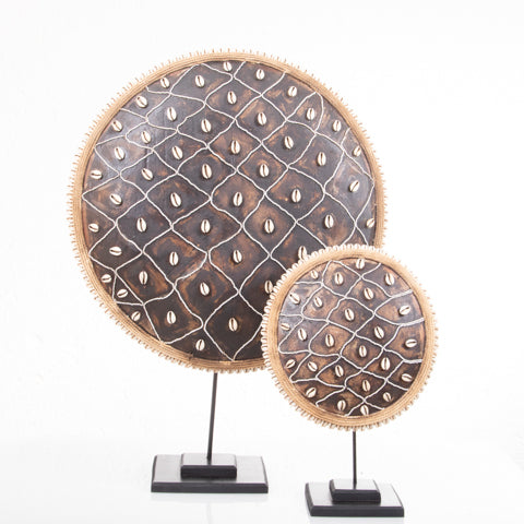 Wooden Natural Cameroon Shield with Cowrie Shells on Stand | Diamond Design