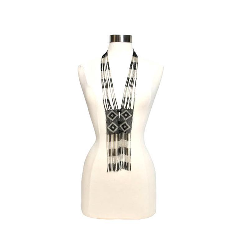 Beaded Unisex Tie Necklace | Black & Silver