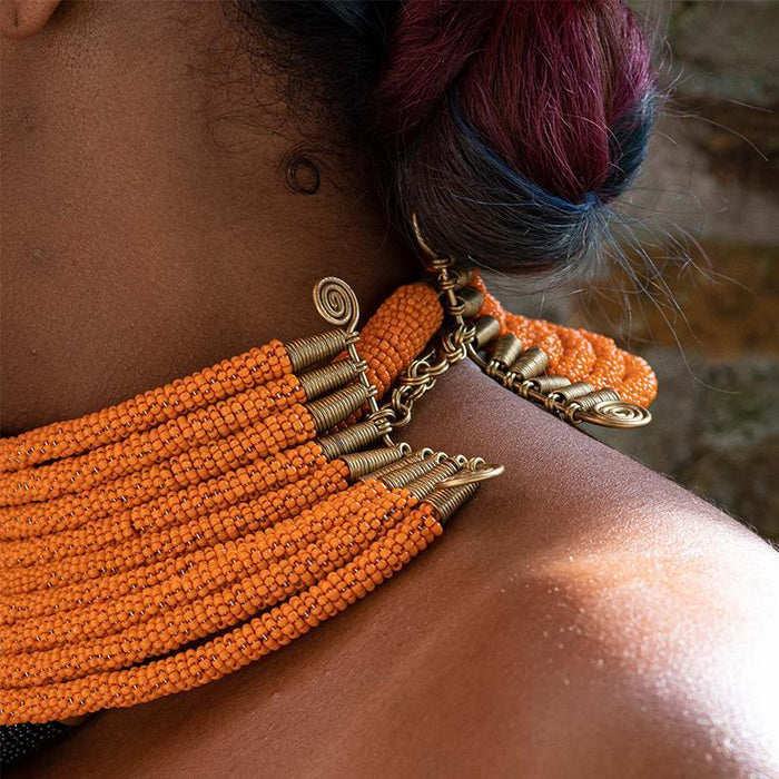 Ras Orange Beaded Choker Necklace