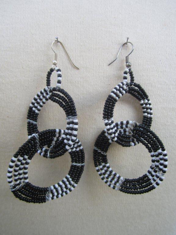 Maasai Round Two Tier Earrings 02 - Black and  White