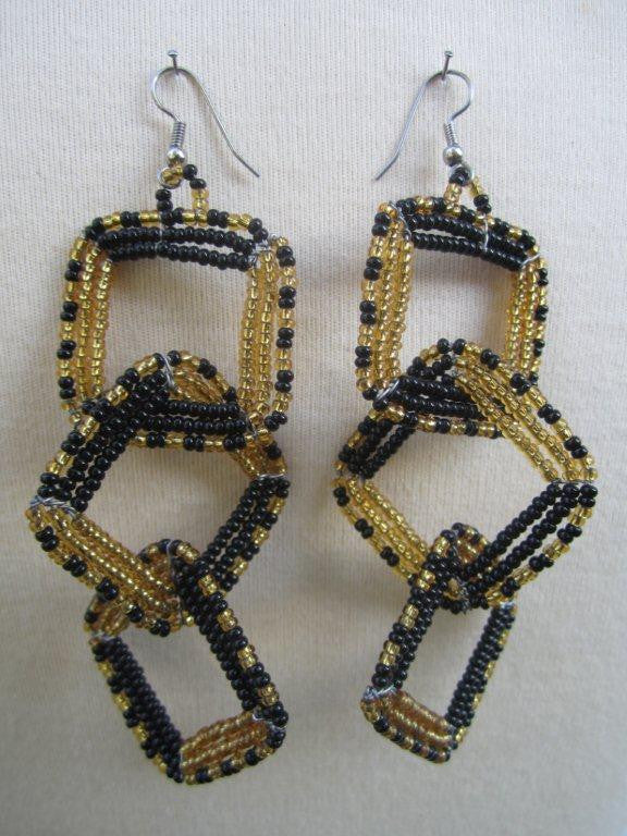 Maasai Square Three Tier Interchange Earrings 01 - Black & Gold