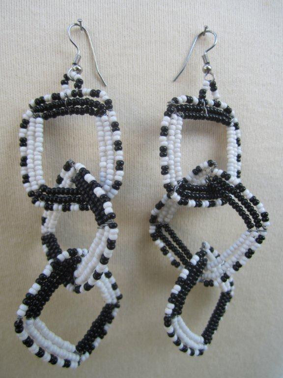 Maasai Beaded Round Three Tier Earrings - Black & White