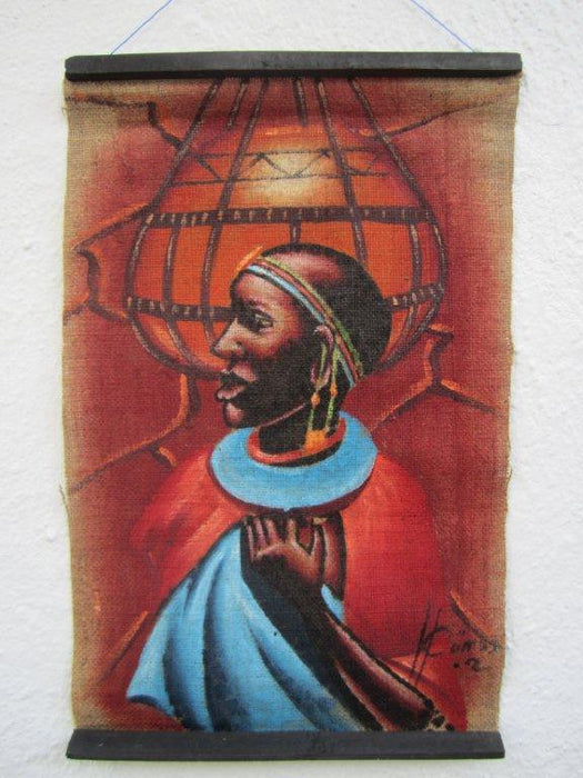 Maasai Woman Burlap Framed 01