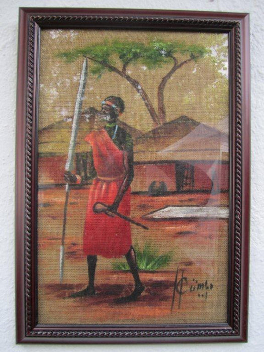 Maasai Warrior Burlap Framed