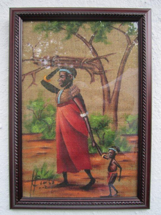 Maasai Woman with Baby Burlap Framed