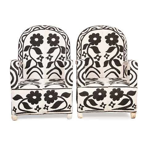 Yoruba Beaded Arm Chair Set of 2 | Black Flowers and Pattern