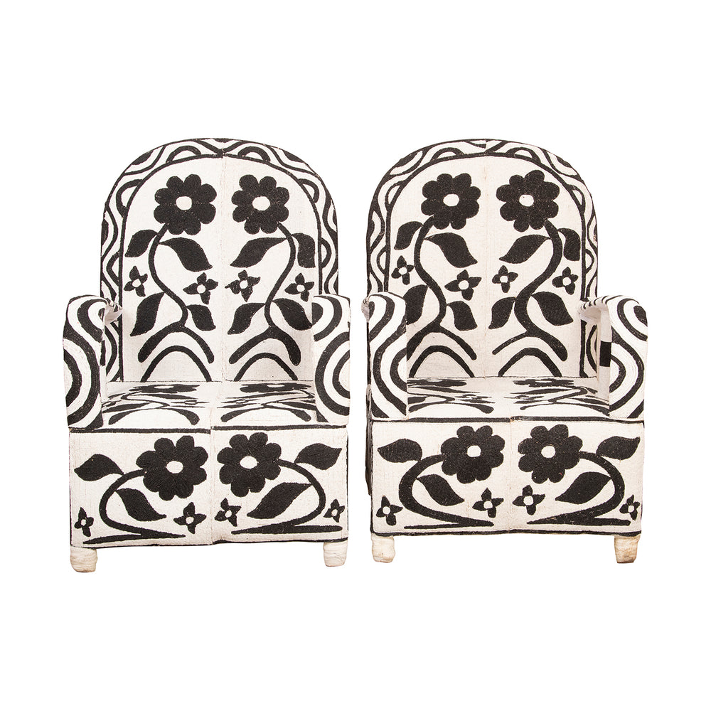Yoruba Beaded Arm Chair Set of 2 | Black Flowers and Pattern