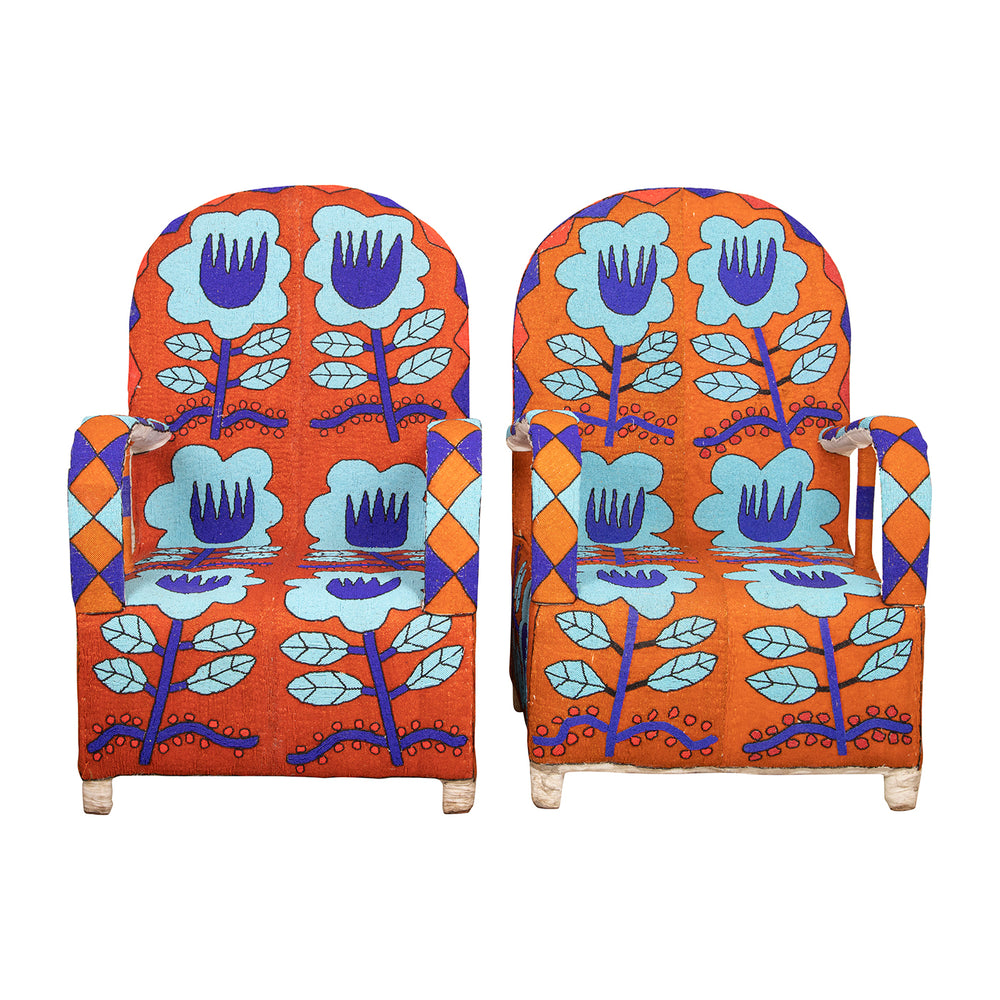 Yoruba Beaded Arm Chair Set of 2 | Orange and Blue Flowers