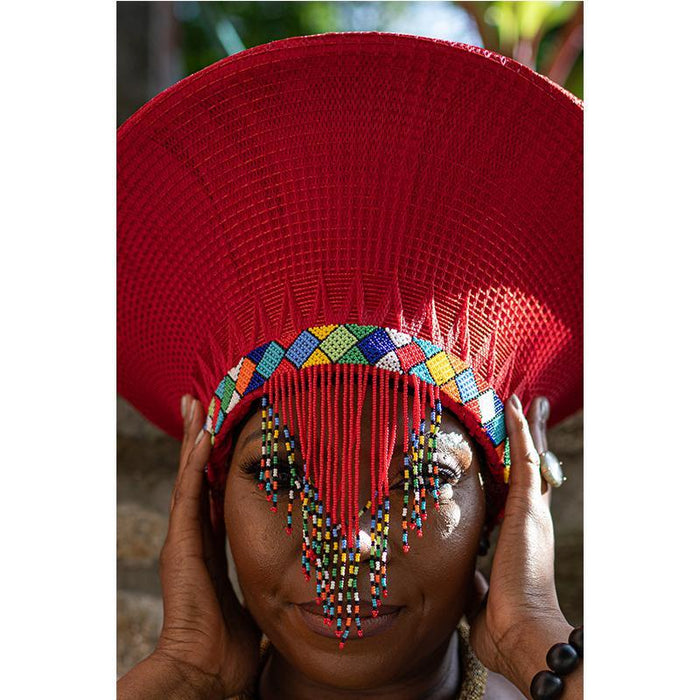 Zulu Wide Basket Hat with Beading - Red | Handmade in South Africa