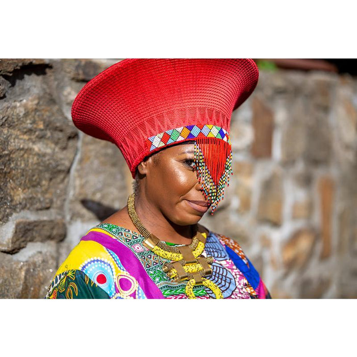 Zulu Wide Basket Hat with Beading - Red | Handmade in South Africa