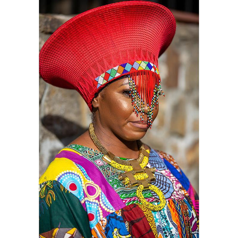 Zulu Wide Basket Hat with Beading Red Handmade in South Africa
