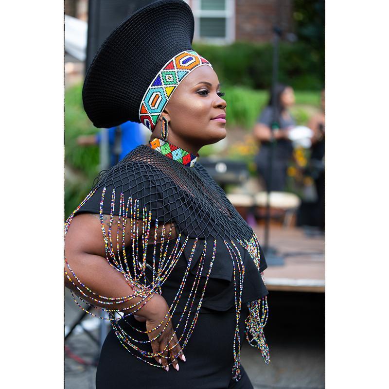 Zulu Wide Black Basket Hat with Removable Beaded Band Luangisa African Collection Zulu Wide Black Basket Hat with Removable Beaded Band Luangisa African Collection
