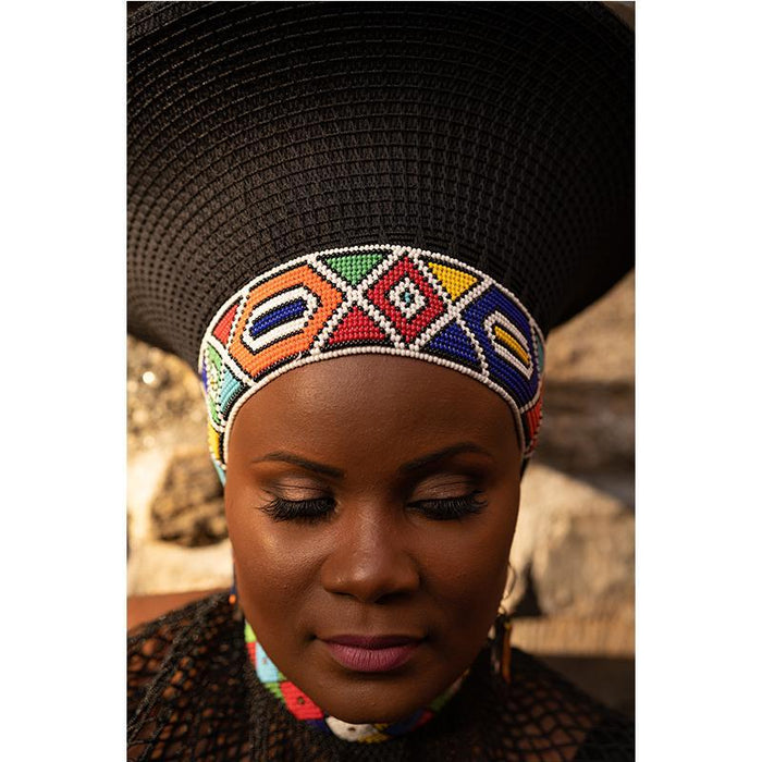 Zulu Wide Black Basket Hat with Removable Beaded Band Luangisa African Collection Zulu Wide Black Basket Hat with Removable Beaded Band Luangisa African Collection