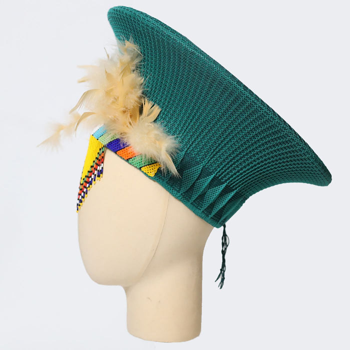 Zulu Wide Basket Hat with Beading & Feathers | Green