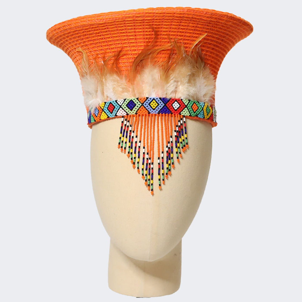 Zulu Basket Hat with Beading & Feathers | Orange — Luangisa