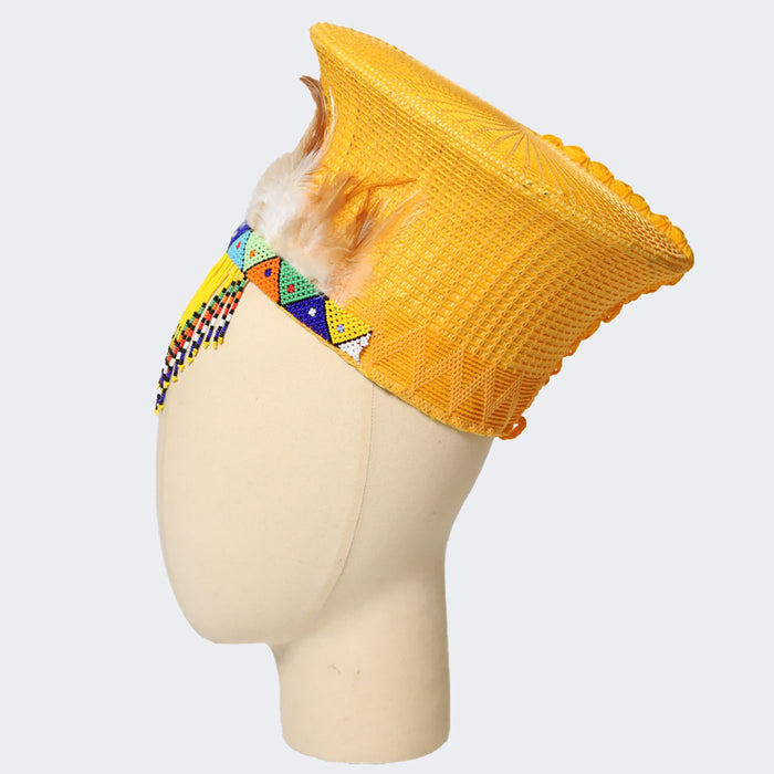 Zulu Basket Hat with Beading & Feathers- Yellow