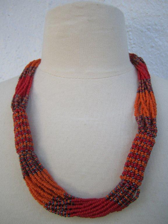 Zulu Strand Short  Necklace Orange Grey and Red 22 inches