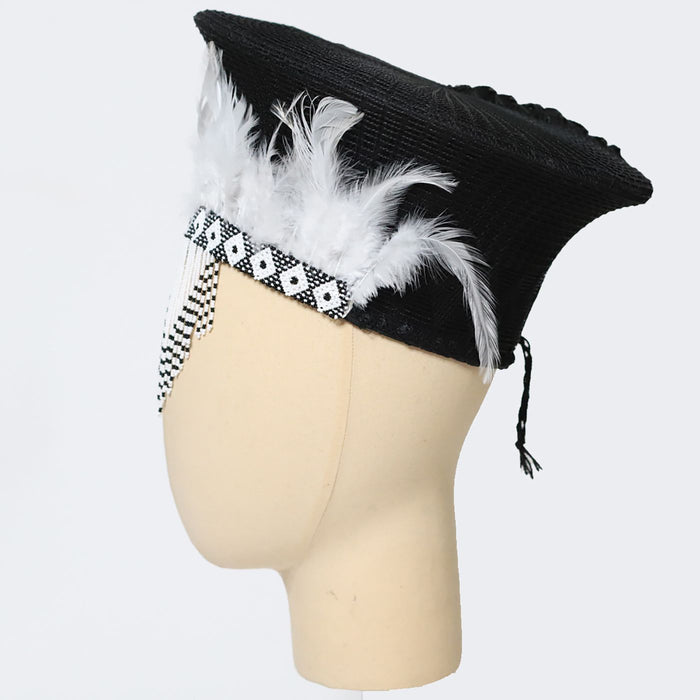 Zulu Basket Hat with Beading & Feathers - Black & White
