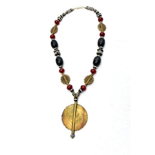 African Black & Maroon Copal Resin Amber & Brass Necklace and Earring Set - Luangisa African Gallery