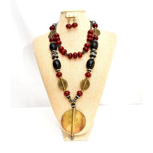 African Black & Maroon Copal Resin Amber & Brass Necklace - Set of 3 - Luangisa African Gallery